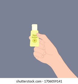 hand is holding the small yellow bottle hands sanitizer. hand disinfectant. person hygiene. free hands sanitizer. illustration vector.