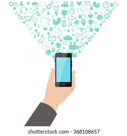 Hand holding a smart phone with application icons bursting out. Application development, communication, social media, networking concept. Vector illustration.