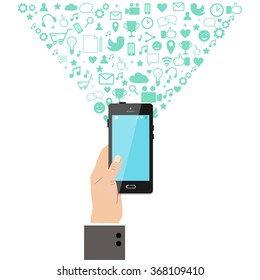 Hand holding a smart phone with application icons bursting out. Entertainment, application development, social networking concept. Vector illustration.