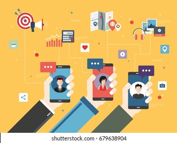 Hand holding smart phone with apps of communication. Icons of  investment, messages, social media and marketing around. Flat vector illustration in yellow background.