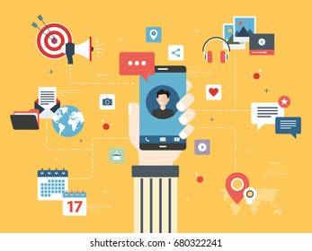 Hand holding smart phone with apps of communication, location, messages, social media, calendar and marketing around. Flat vector illustration in yellow background.