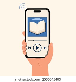 Mão segurando smartphone para livros de áudio, eBook, Use smartphone para leitura, ouvir um livro on-line. 