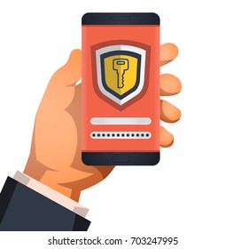 Hand holding smart phone and authorization key badge on the screen. Flat vector illustration.