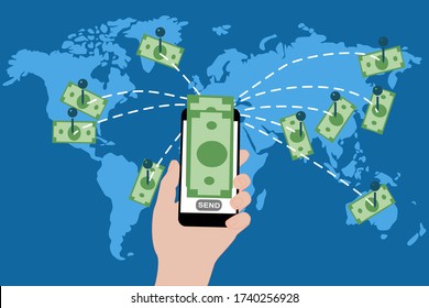 hand is holding smart phone with banknote on the global map. Online money transfer. Wireless mobile application. Internet banking concept. world wide web Contactless payment. digital commercial.