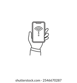 Hand Holding Smart Phone . Black hand holding smart phone icon on white background. vector illustration