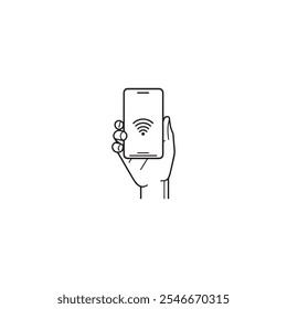 Mano que sostiene el teléfono inteligente . Mano negra que sostiene el icono del teléfono inteligente sobre fondo blanco. Ilustración vectorial