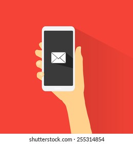 Hand holding smart phone black screen on red background. Flat design