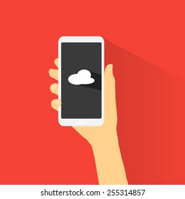 Hand holding smart phone black screen on red background. Flat design