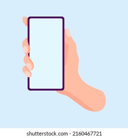 Hand holding smart phone with with blank blue screen isolated on white natural background for web and mobile application.