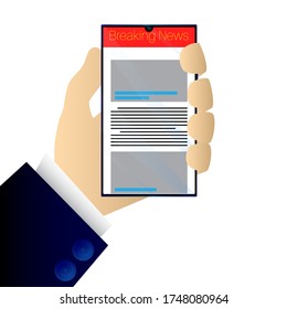 Hand, die Smartphone hält, durchstöbern Sie die neuesten Nachrichten auf weißem Hintergrund. Cartoon, Vektorgrafik.