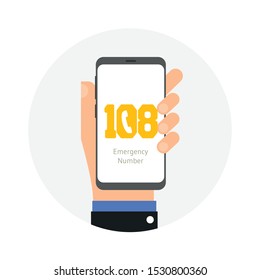 hand holding smart phone with call 108, emergency icon on display, vector stock illustration.