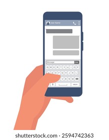 Hand holding a smart phone with chat messages. Hands holds smartphone with messaging sms app. Vector illustration in flat style.