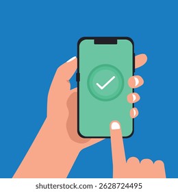 Hand holding smart phone with check mark message on device screen vector