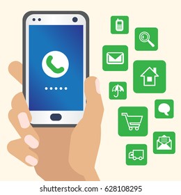 Hand holding a smart phone with circular icons. Concept of communication in the network. 
Colorful template for you design, web and mobile applications.
