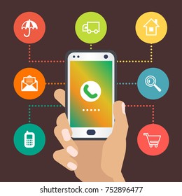 Hand holding a smart phone with circular icons. Concept of communication in the network. Colorful template for you design, web and mobile applications.