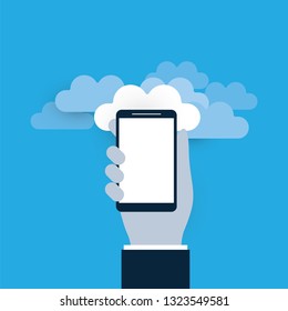 Hand Holding a Smart Phone - Cloud Computing Design Concept, Digital Network Connections, Technology Background