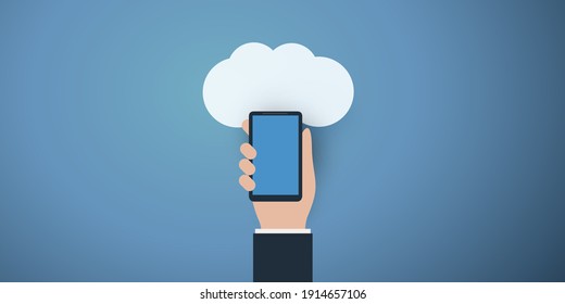 Hand Holding a Smart Phone - Cloud Computing Design Concept, Digital Network Connections, Technology Background
