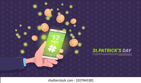 Hand Holding Smart Phone With Clover Leaf And Golden Coins Over Happy St. Patricks Day Background Vector Illustration
