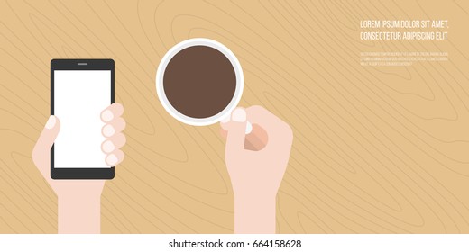 hand holding smart phone and coffee cup with free space on wooden background, flat design vector suitable for banner, cover or use as backdrop about life style concept