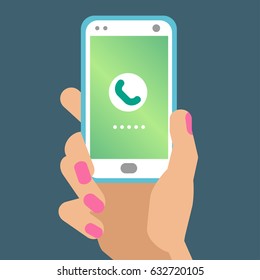 Hand holding a smart phone. Concept of communication in the network. 
Colorful template for you design, web and mobile applications.