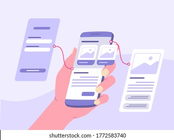 Hand Holding Smart Phone Demonstration Dashboard Prototype Mobile App With Flat Cartoon Style.