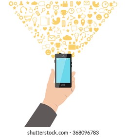 Hand holding a smart phone with different social media icons bursting out. Social media, application development, networking concept. Vector illustration.