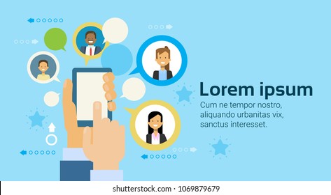 Hand Holding Smart Phone Or Digital Tablet Computer Business People Networking Icons Background