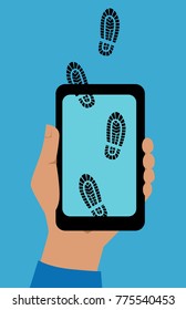 Hand Holding A Smart Phone With Digital Footprints Crossing The Screen And Going In Outside World, EPS 8 Vector Illustration