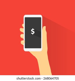  hand holding smart phone and dollar icon vector.