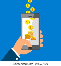 Hand holding smart phone and Earning Coins