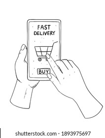 Mano sosteniendo un teléfono inteligente. Concepto de diseño de comercio electrónico. Ilustración vectorial vintage. botón Comprar en la pantalla.