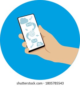 Hand holding smart phone in hand with email social network. Smartphone with new message concept. Hand holding smartphone with email symbol on the screen. Vector illustration.