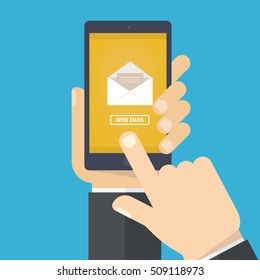 Hand holding smart phone in hand with email social network. Message send on mobile phone. Email marketing.