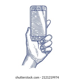 Hand Holding Smart Phone In Engraving Style. Illustration Of Hand Holding Smart Mobile Phone