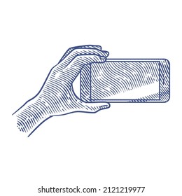 Hand Holding Smart Phone In Engraving Style. Illustration Of Hand Holding Smart Mobile Phone