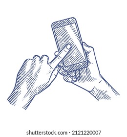 Hand Holding Smart Phone In Engraving Style. Illustration Of Hand Holding Smart Mobile Phone