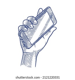 Hand Holding Smart Phone In Engraving Style. Illustration Of Hand Holding Smart Mobile Phone