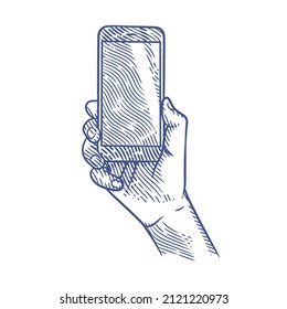 Hand Holding Smart Phone In Engraving Style. Illustration Of Hand Holding Smart Mobile Phone