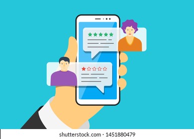 Hand holding smart phone with feedback app speech bubbles and male female avatars on screen. Review five stars rating with good and bad rate. Vector quality illustration