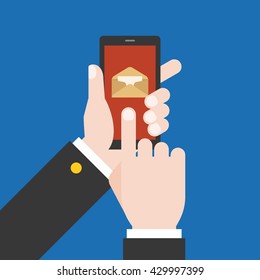 Hand holding  smart phone and finger touching screen, You have got mail illustration concept, flat design