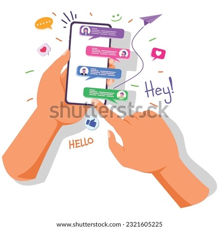 Hand holding smart phone with finger touch screen. Chatting with friends and sending messages. Icons and emoticons. Colorful speech bubbles boxes on smartphone screen flat design vector illustration.