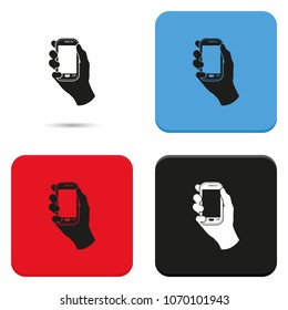 Hand holding smart phone flat vector icon.