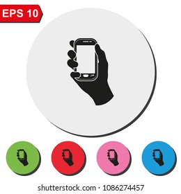 Hand holding smart phone flat round colorful vector icon.