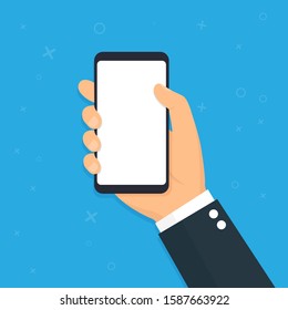 Hand holding smart phone. Flat design icon. Vector illustration