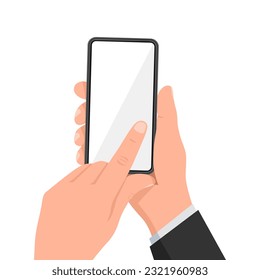 Hand holding smart phone. Flat design icon. Vector illustration. Design for poster, web and brochure