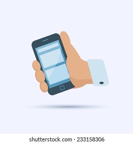 Hand holding smart phone. Flat design, vector.