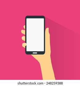Hand holding smart phone flat design. 