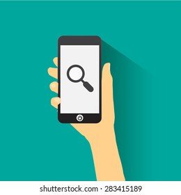 Hand holding smart phone flat design S E O concept.