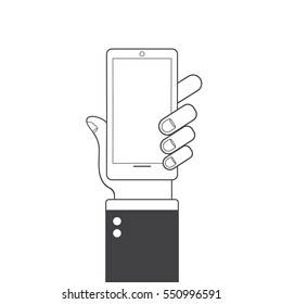 Hand holding smart phone. Flat design. Web icon