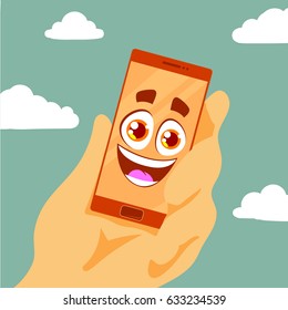 Hand holding a smart phone. Funny phone character with smile face. Colorful template for you design, web and mobile applications.